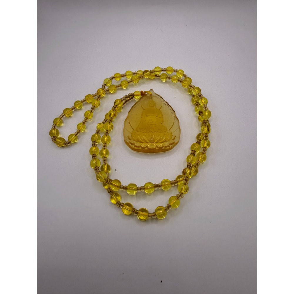 Spiritual Zen Yoga Yellow Amber Glass Buddha Pendant Beaded Necklace